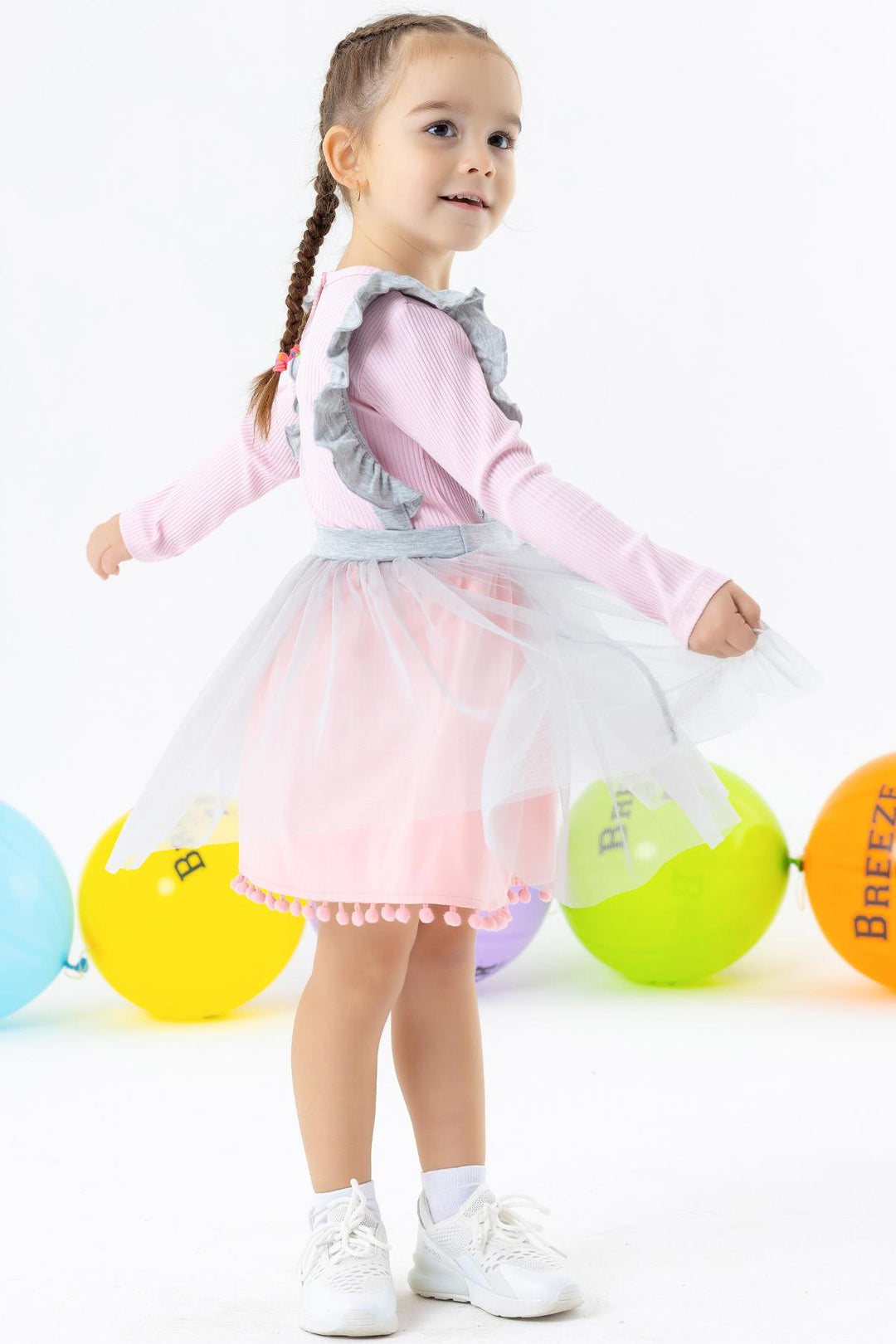 BRE Breeze Girl Child Long Sleeve Dress with Pompons Tulle 1.5-5 Years, Powder - Port Macquarie