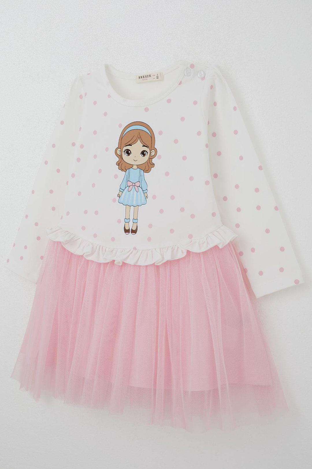 BRE Breeze Girl Child Long Sleeve Dress Polka Dot Pattern Cool Girl Printed 1.5-5 Years, Ecru - Reading