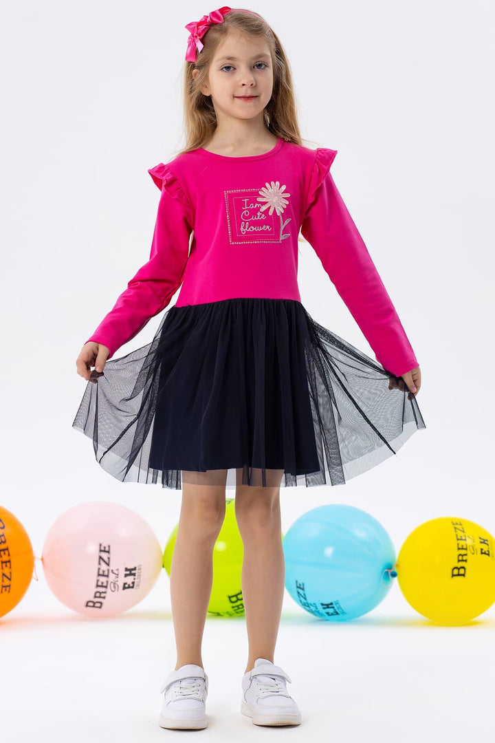 BRE Breeze Girl Child Long Sleeve Dress Sequined Flower Printed 3-8 Years, Fuchsia - Tecamachalco