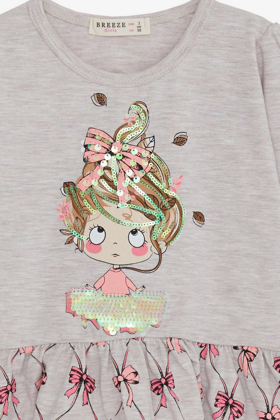 BRE Breeze Girl Child Long Sleeve Dress Sequined Girl Printed 3-7 Years, Beige Melange - Mount Juliet