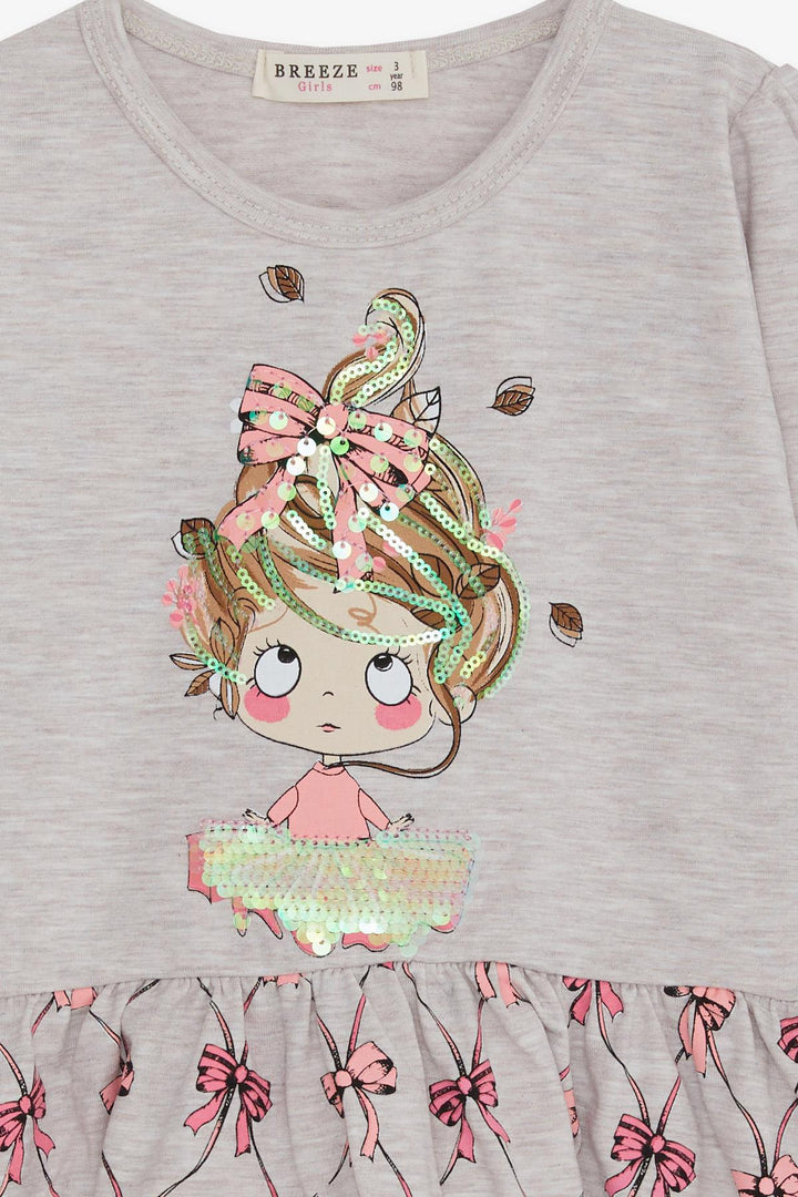 BRE Breeze Girl Child Long Sleeve Dress Sequined Girl Printed 3-7 Years, Beige Melange - Mount Juliet