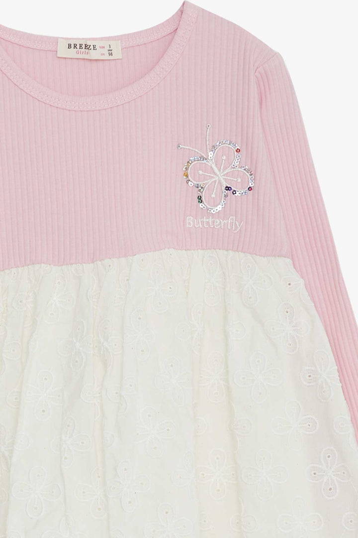 BRE Breeze Girl Child Long Sleeve Dress with Sequined Butterfly Embroidery, 2-6 Years, Pink - Beja