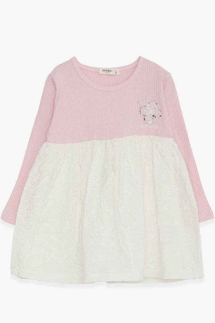 BRE Breeze Girl Child Long Sleeve Dress with Sequined Butterfly Embroidery, 2-6 Years, Pink - Beja