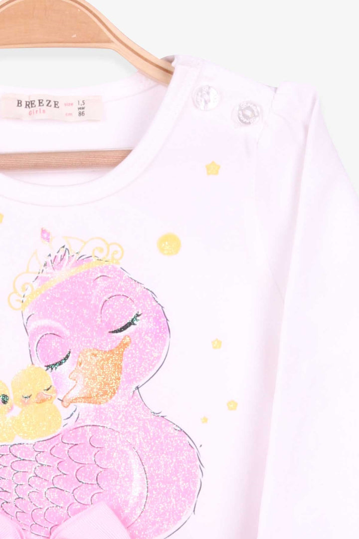 BRE Breeze Girl Child Long Sleeve Dress with Glittery Duck Print, 1.5-5 Years, Ecru - Commack