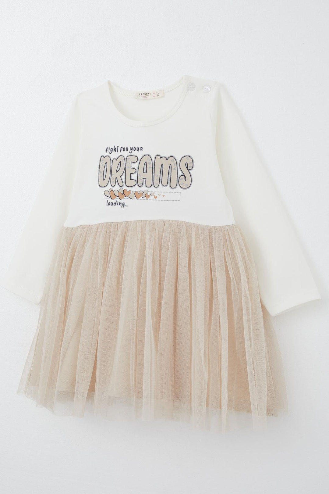 BRE Breeze Girl Child Long Sleeve Dress with Shiny Text Printed Hearts 2-6 Years, Ecru - Westchester