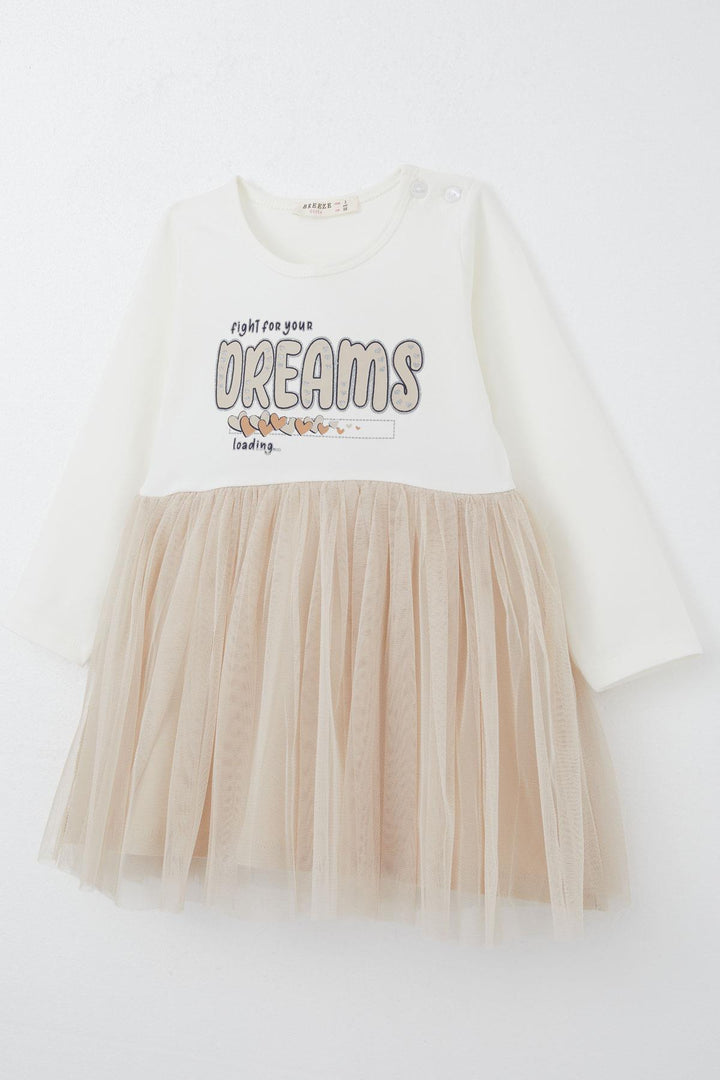 BRE Breeze Girl Child Long Sleeve Dress with Shiny Text Printed Hearts 2-6 Years, Ecru - Westchester