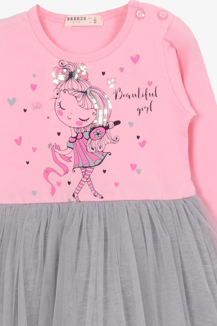 BRE Breeze Girl Child Long Sleeve Dress Decorated Girl Printed 2-6 Years, Powder - Bend