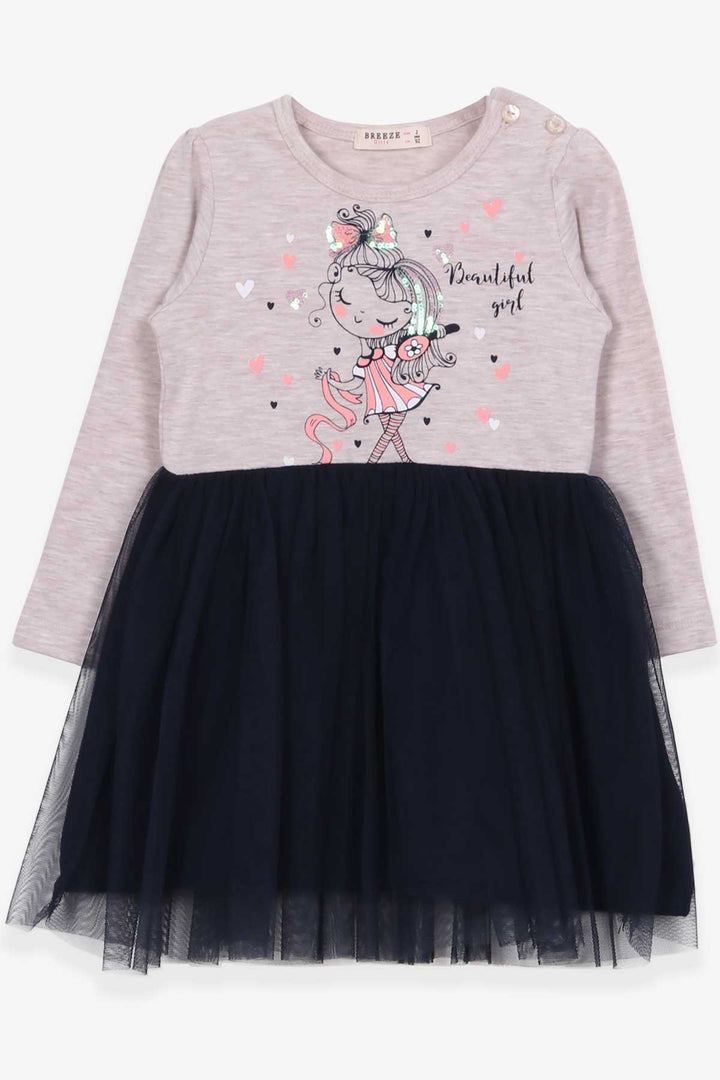 BRE Breeze Girl Child Long Sleeve Dress Decorated Girl Printed 2-6 Years, Beige Melange - Vigo