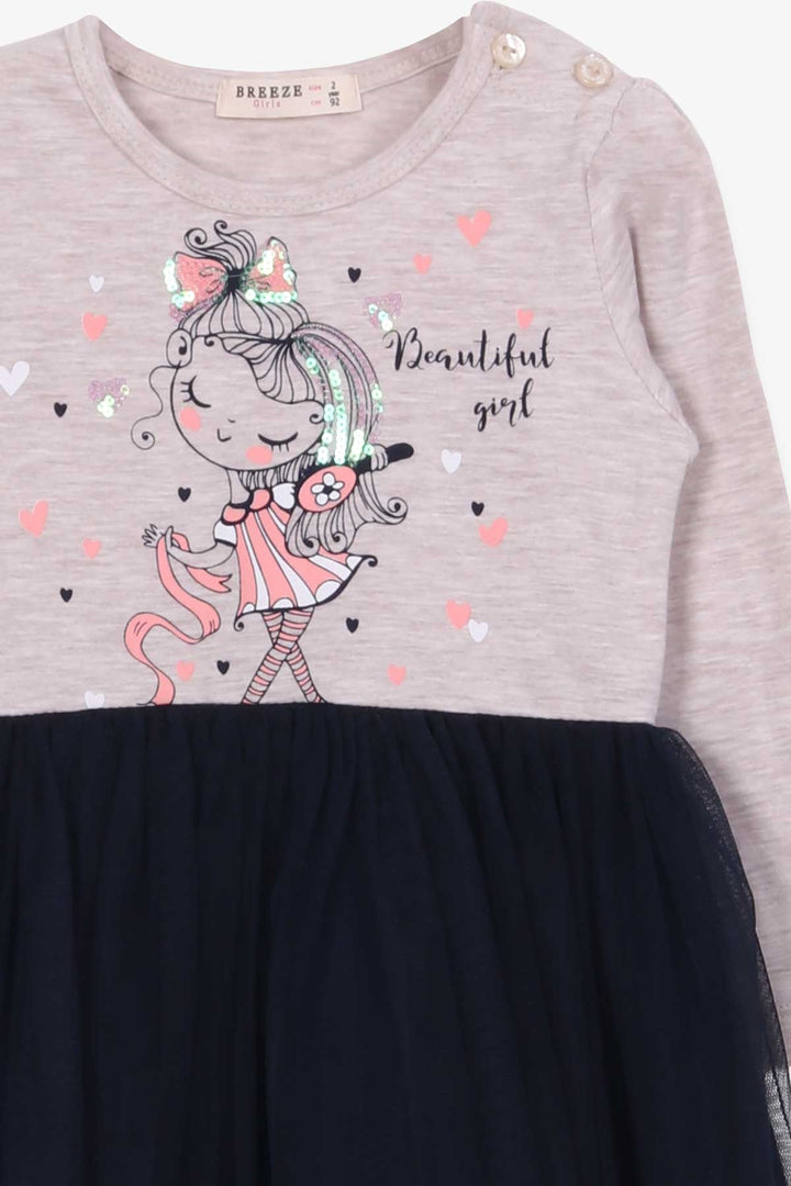 BRE Breeze Girl Child Long Sleeve Dress Decorated Girl Printed 2-6 Years, Beige Melange - Vigo