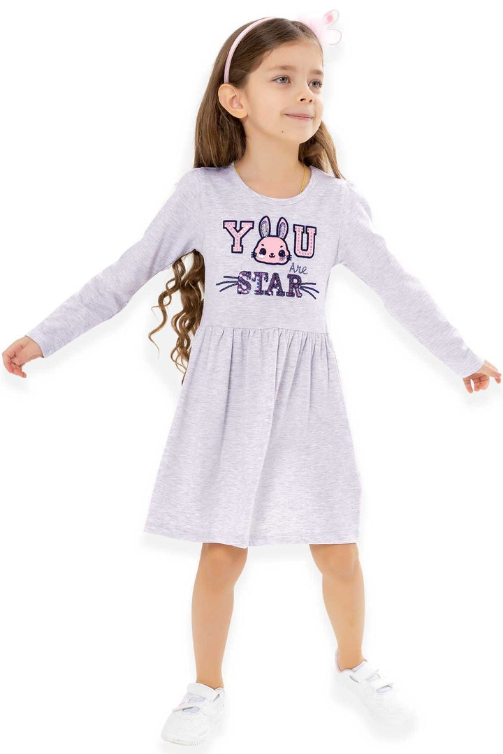 BRE Breeze Girl Child Long Sleeve Dress with Rabbit Embroidery 2-6 Years, Grey Melange - Pisa
