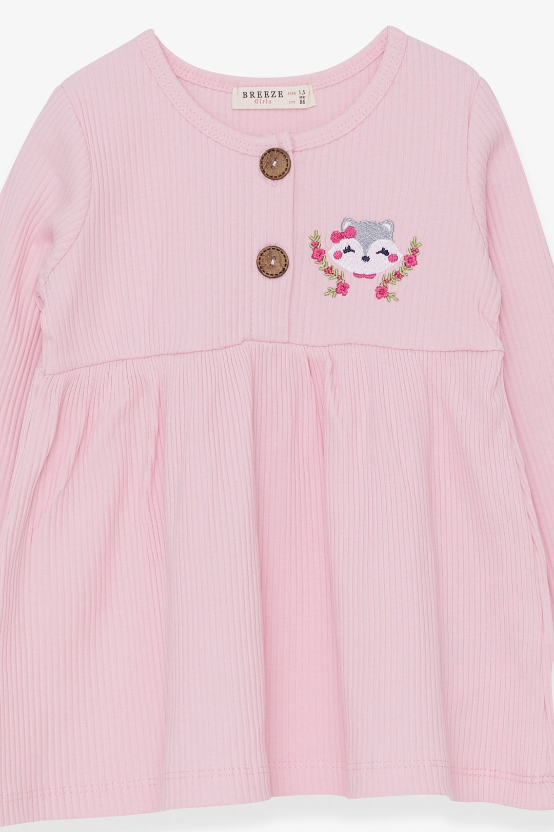 BRE Breeze Girl Child Long Sleeve Dress with Fox Embroidery, 1.5-5 Years, Powder - Canicattì