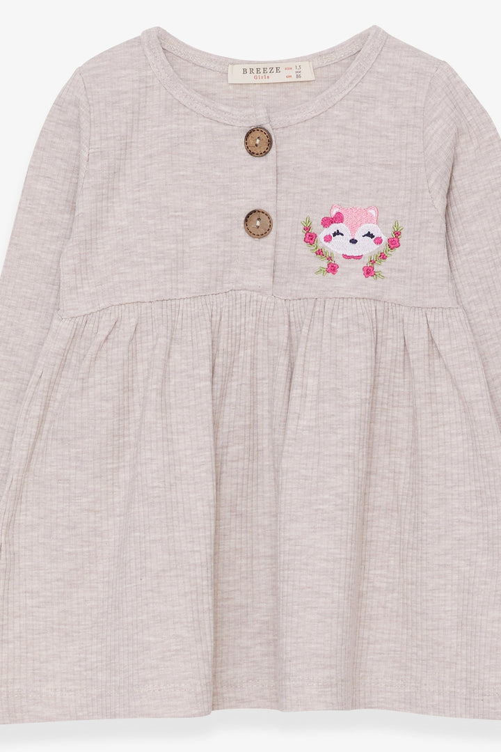 BRE Breeze Girl Child Long Sleeve Dress with Fox Embroidery 1.5-5 Years, Beige Melange - Juchitán de Zaragoza