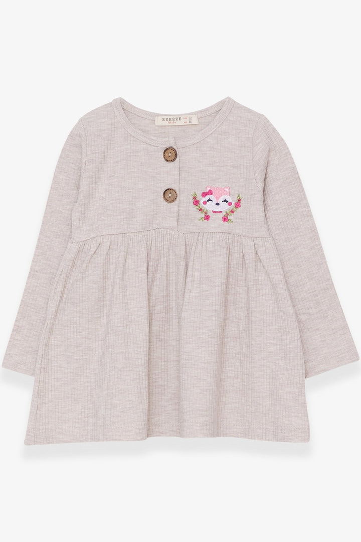 BRE Breeze Girl Child Long Sleeve Dress with Fox Embroidery 1.5-5 Years, Beige Melange - Juchitán de Zaragoza
