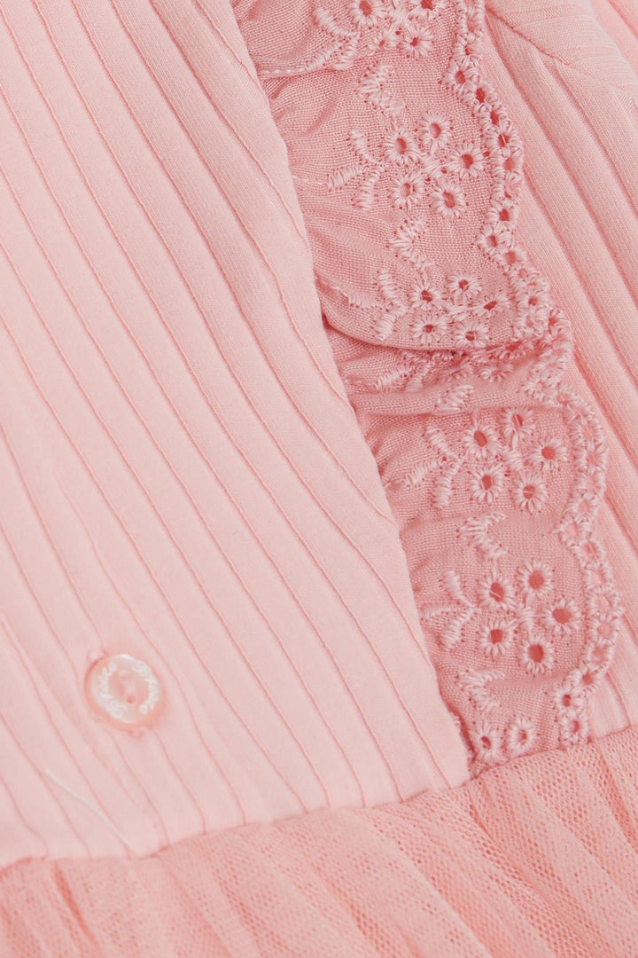 BRE Breeze Girl Child Long Sleeve Dress with Tulle Embroidery Buttoned 1.5-5 Years, Salmon - Horizon West