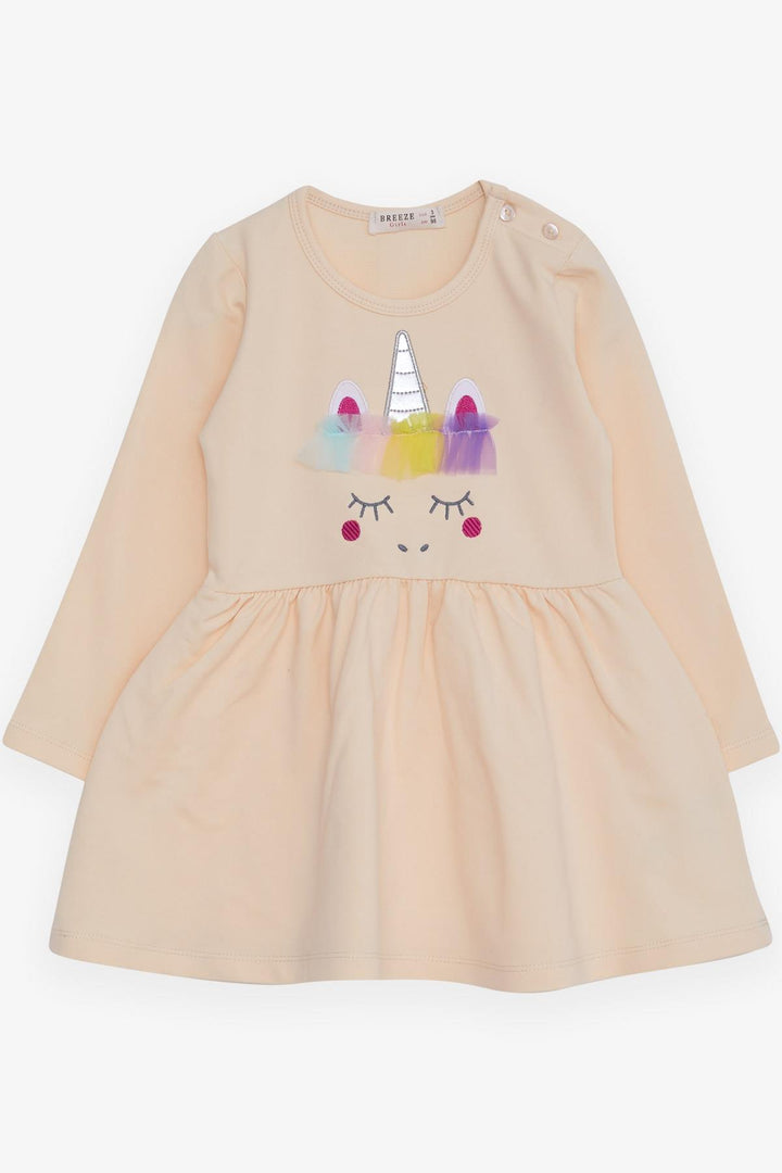 BRE Breeze Girl Child Long Sleeve Dress with Tulle Unicorn Embroidery 1.5-5 Years, Cream - Santee