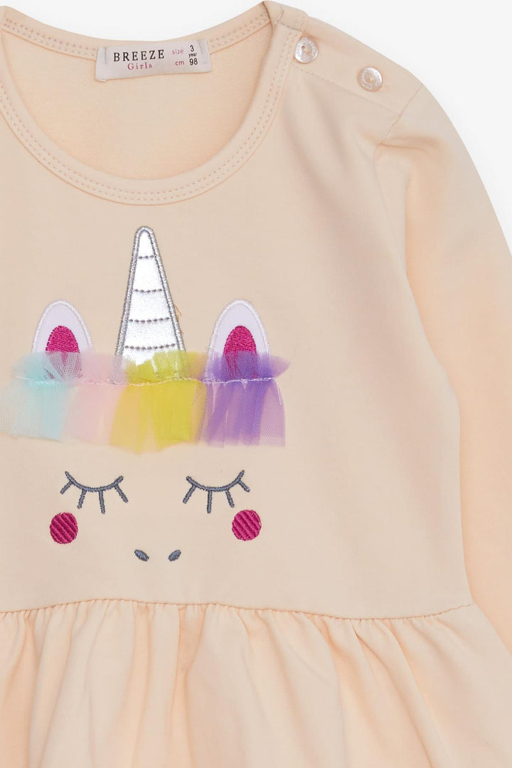 BRE Breeze Girl Child Long Sleeve Dress with Tulle Unicorn Embroidery 1.5-5 Years, Cream - Santee