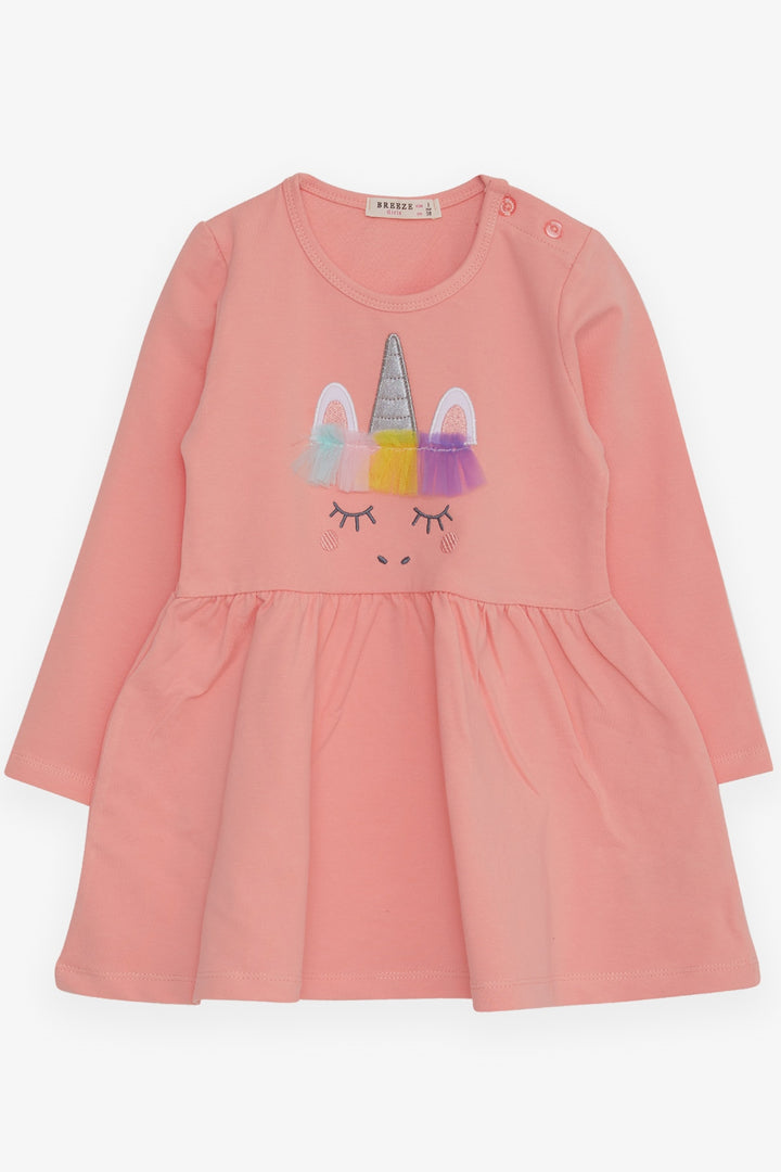 BRE Breeze Girl Child Long Sleeve Dress with Tulle Unicorn Embroidery 1.5-5 Years, Salmon - Indian Trail