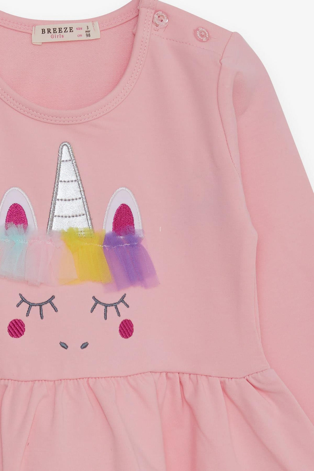 BRE Breeze Girl Child Long Sleeve Dress with Tulle Unicorn Embroidery 1.5-5 Years, Pink - Zacatepec