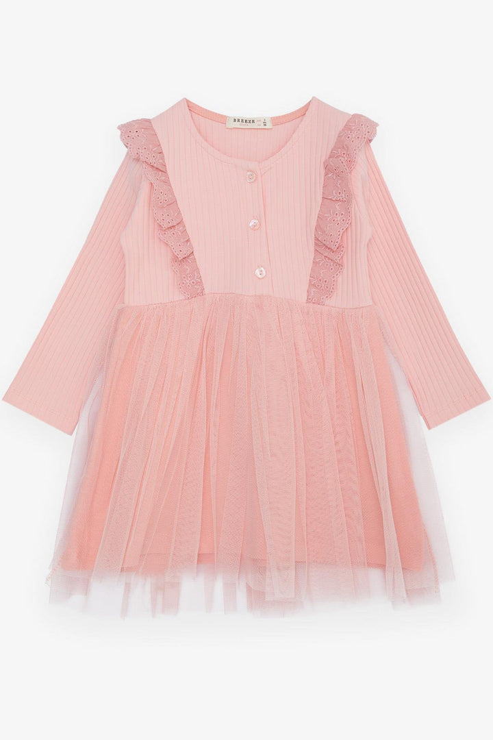 BRE Breeze Girl Child Long Sleeve Dress with Tulle Embroidery Buttoned 1.5-5 Years, Salmon - Horizon West