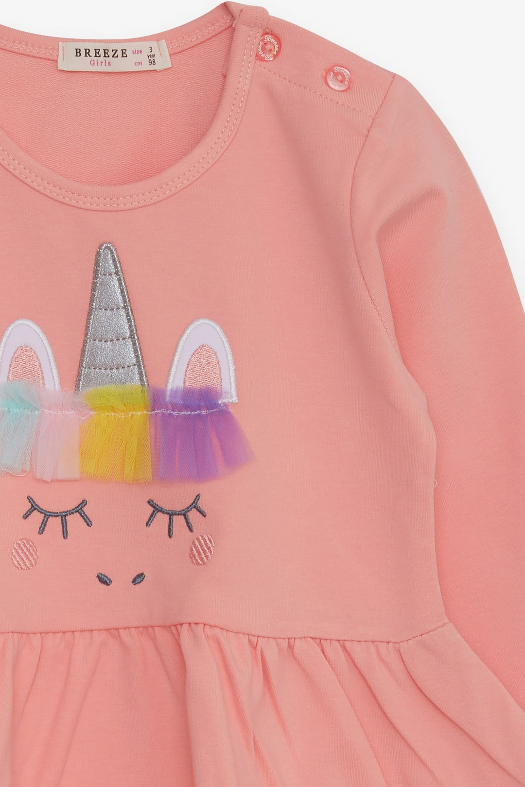 BRE Breeze Girl Child Long Sleeve Dress with Tulle Unicorn Embroidery 1.5-5 Years, Salmon - Indian Trail