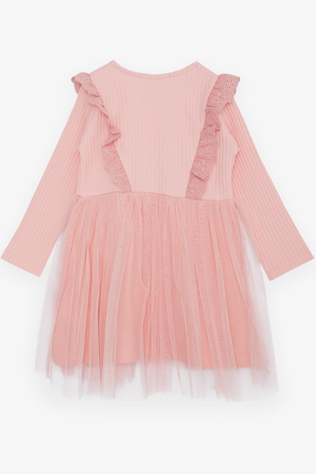 BRE Breeze Girl Child Long Sleeve Dress with Tulle Embroidery Buttoned 1.5-5 Years, Salmon - Horizon West