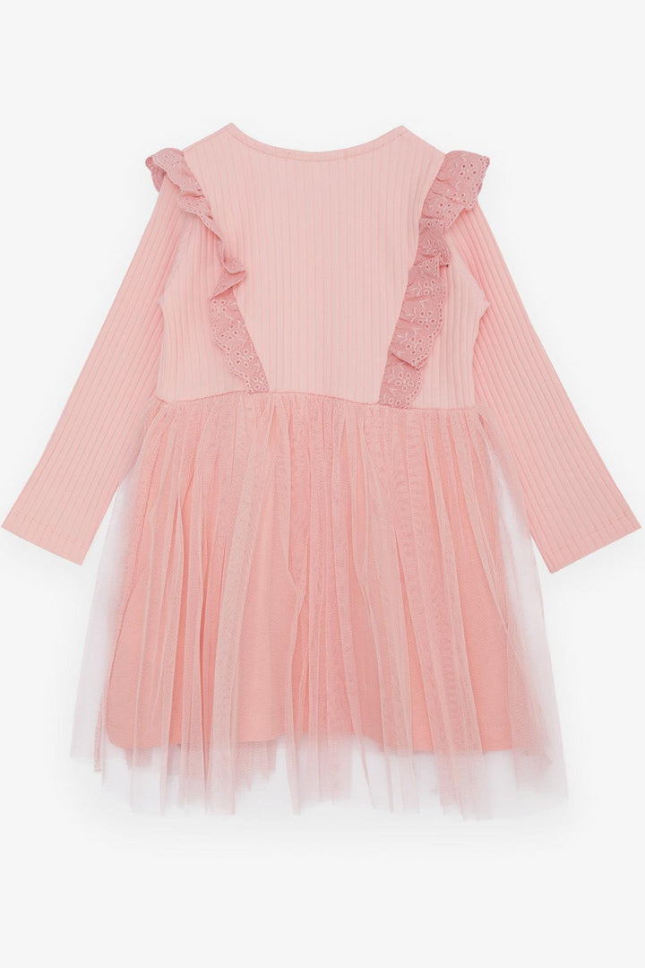 BRE Breeze Girl Child Long Sleeve Dress with Tulle Embroidery Buttoned 1.5-5 Years, Salmon - Horizon West