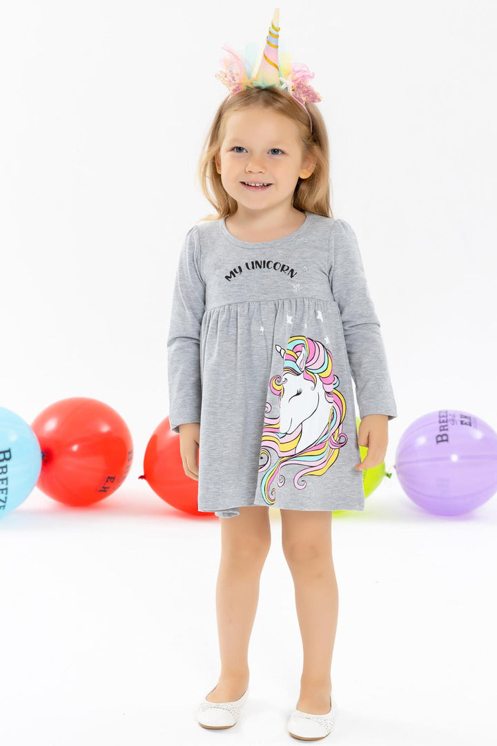 BRE Breeze Girl Child Long Sleeve Dress Unicorn 2-6 Years, Gray Melange - Busto Arsizio