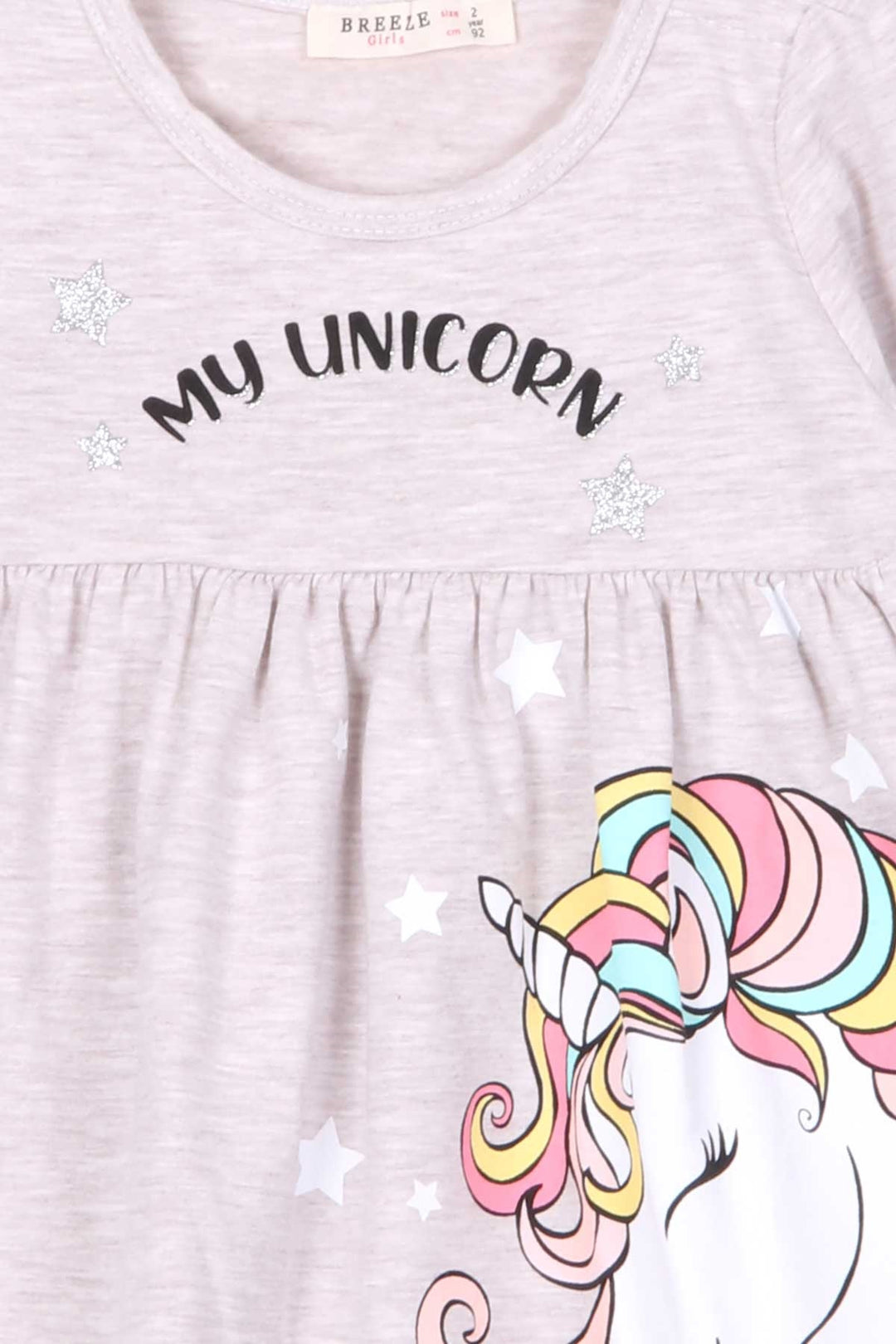 BRE Breeze Girl Child Long Sleeve Dress Unicorn 2-6 Years, Beige Melange - Clay
