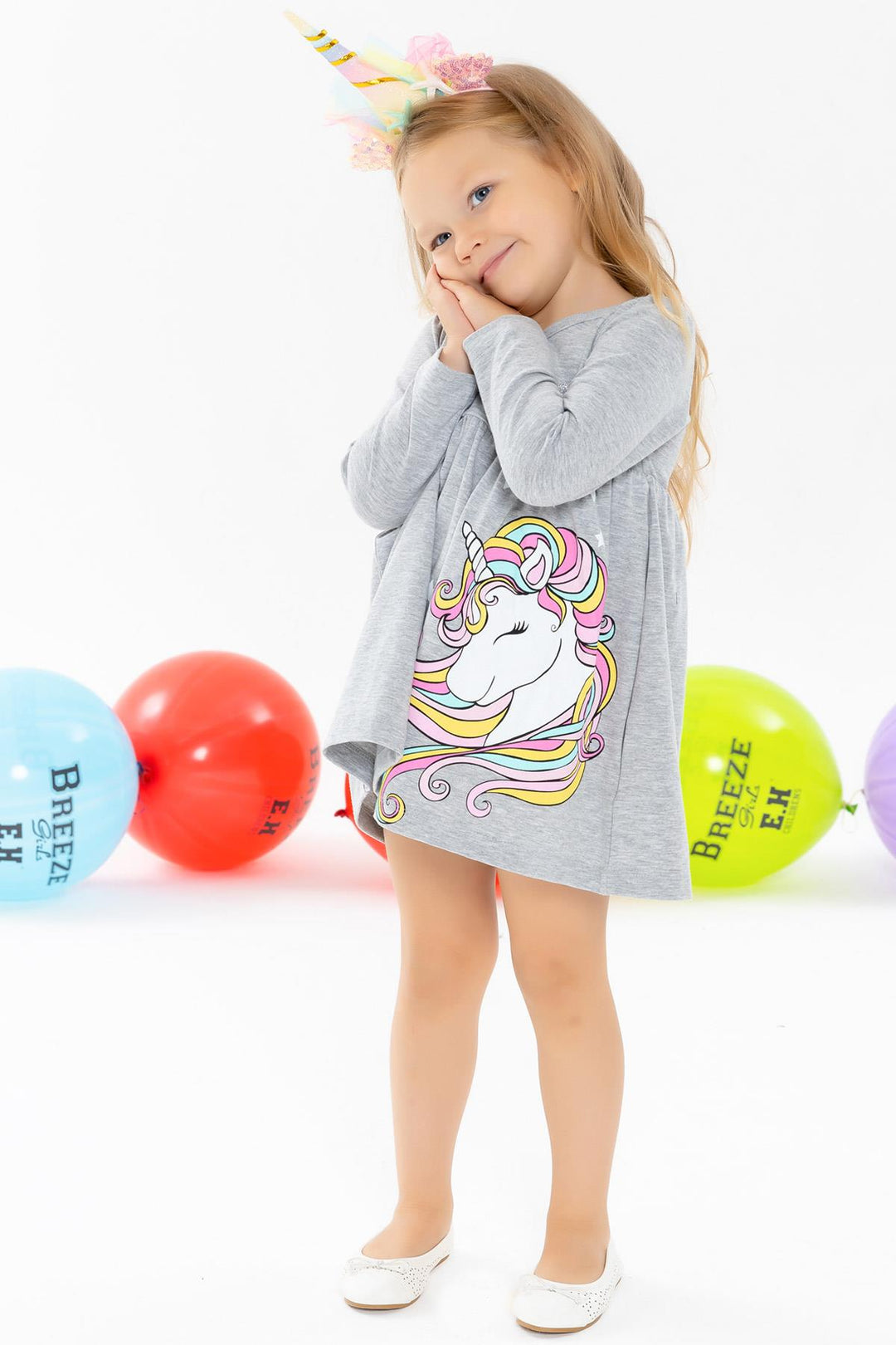 BRE Breeze Girl Child Long Sleeve Dress Unicorn 2-6 Years, Gray Melange - Busto Arsizio