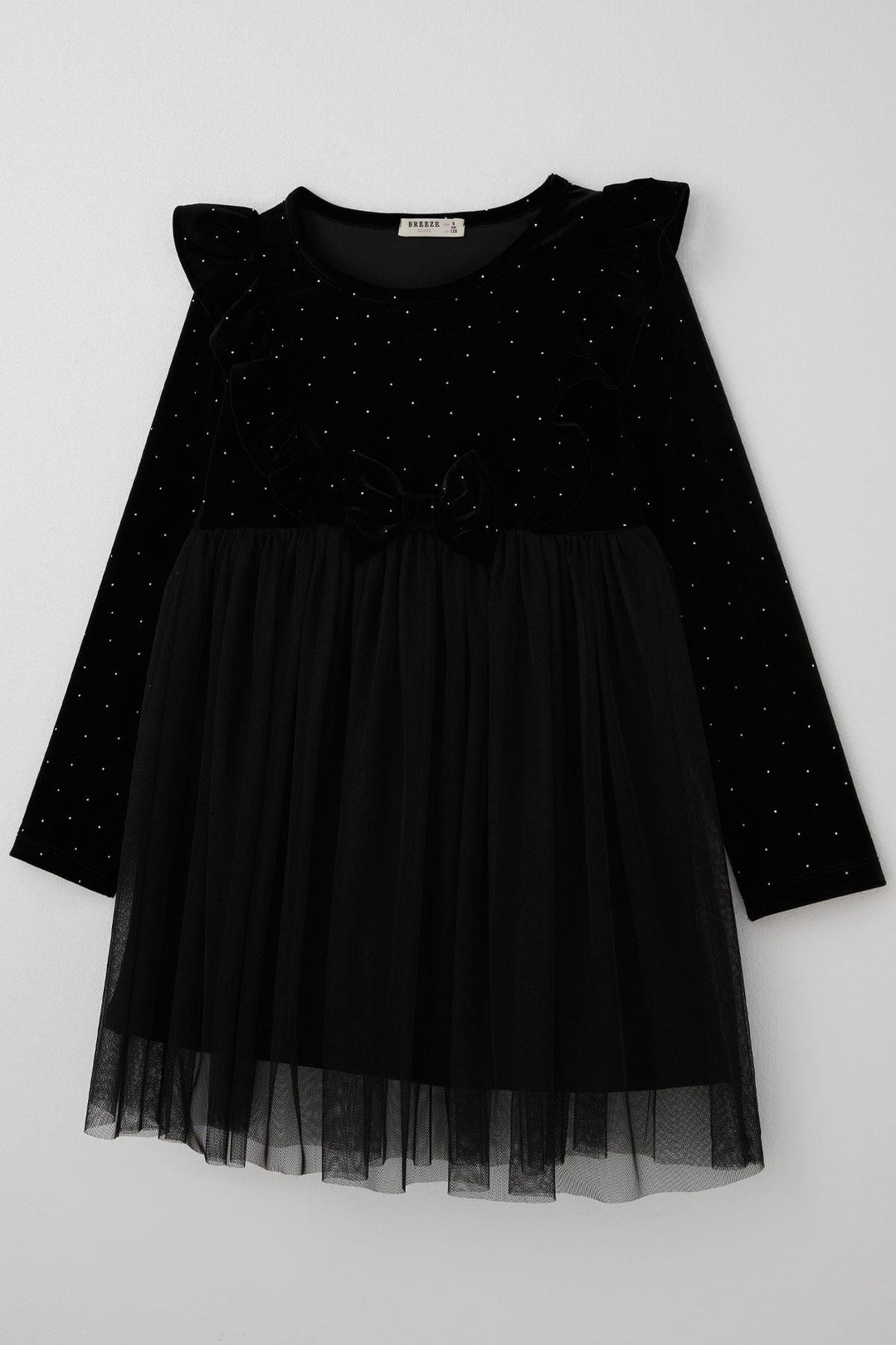 BRE Breeze Girl Child Long Sleeve Velvet Dress with Stone Accessory Detail Tulle 4-8 Years, Black - Bünde