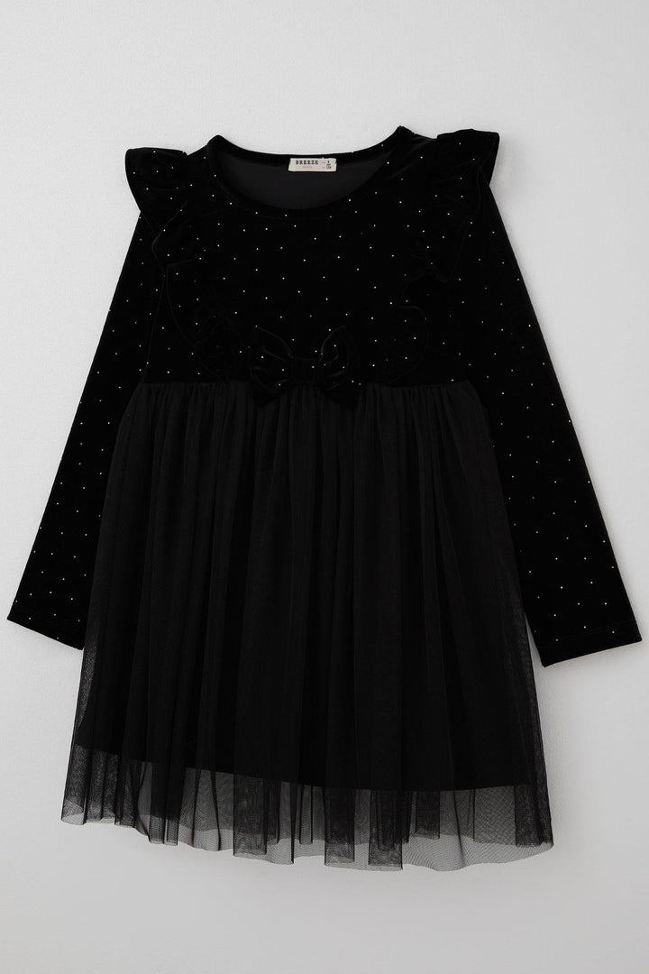 BRE Breeze Girl Child Long Sleeve Velvet Dress with Stone Accessory Detail Tulle 4-8 Years, Black - Bünde