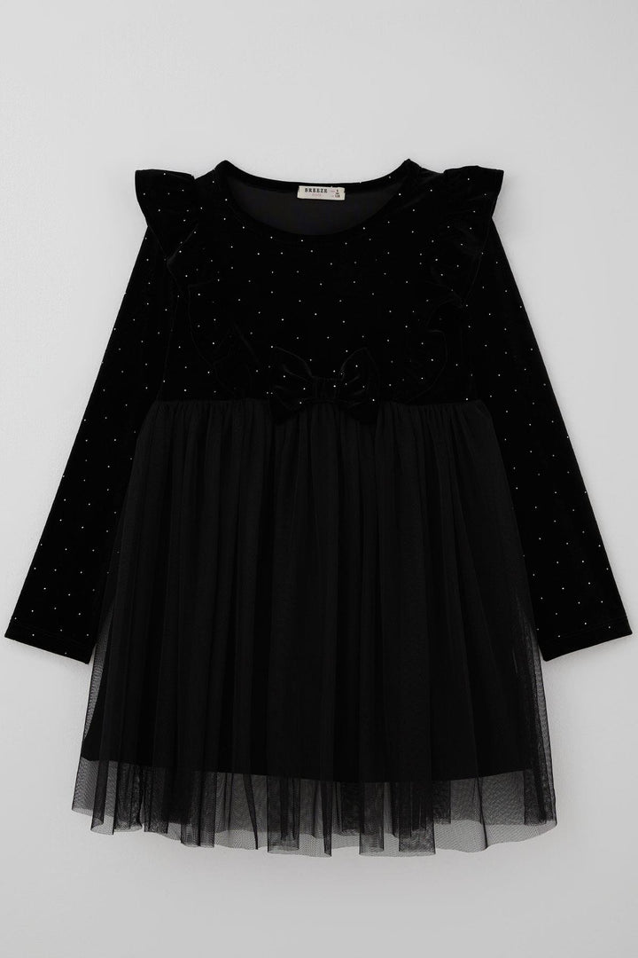 BRE Breeze Girl Child Long Sleeve Velvet Dress with Stone Accessory Detail Tulle 4-8 Years, Black - Bünde