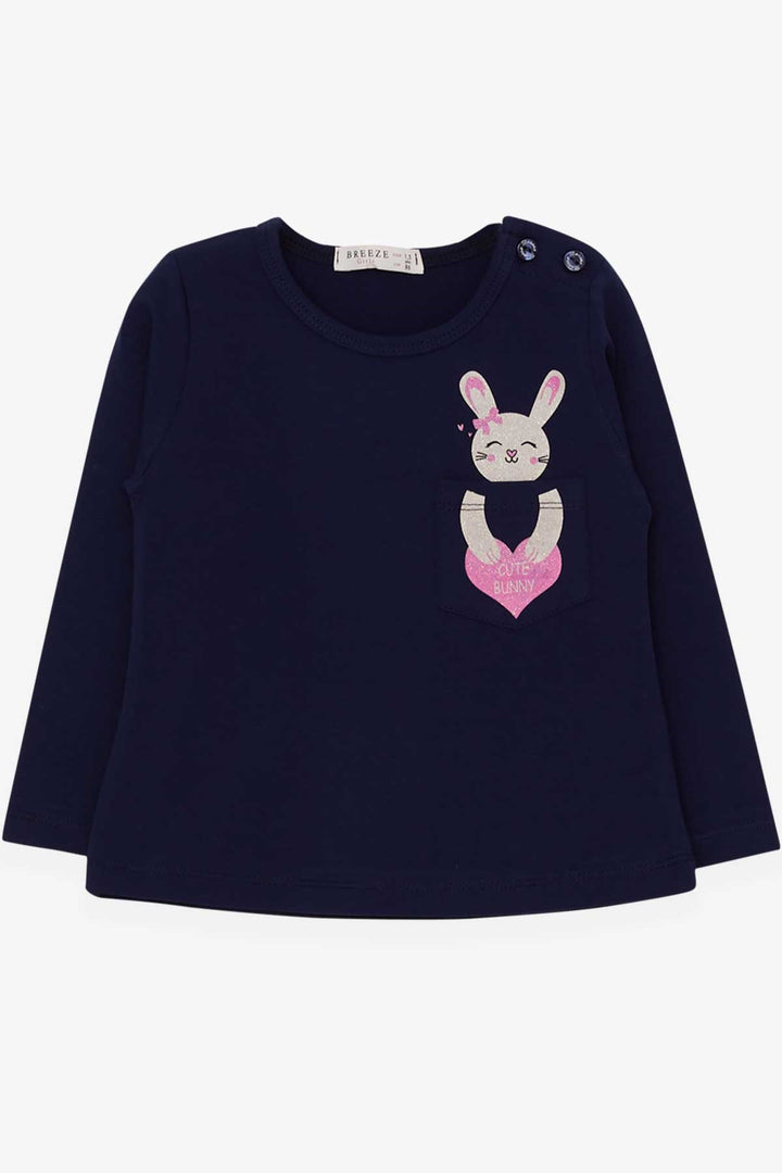 BRE Breeze Girl Child Long Sleeve T-Shirt with Pocket Bunny Printed 1.5-5 Years, Navy Blue - Tournai