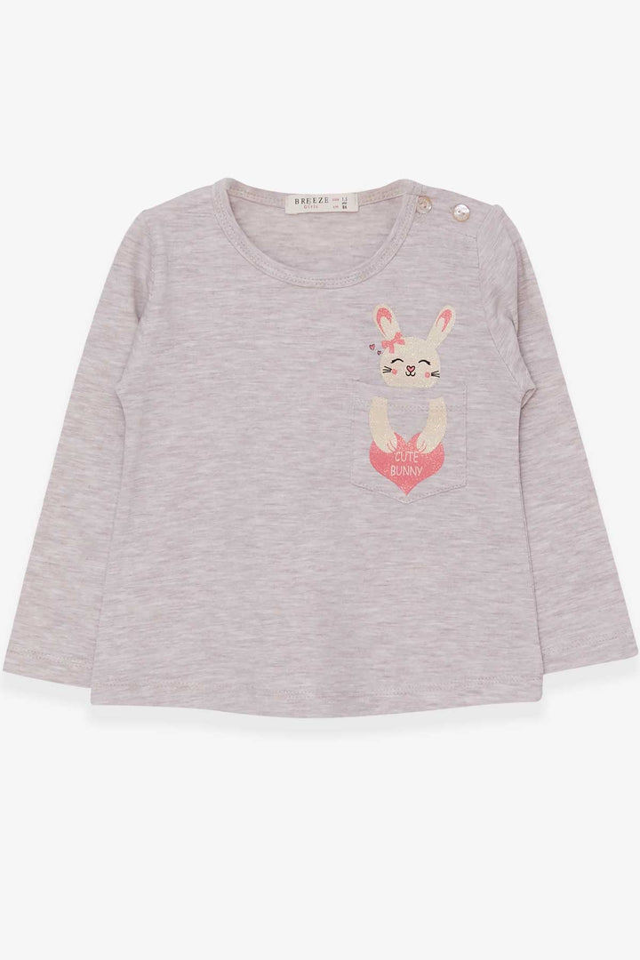 BRE Breeze Girl Child Long Sleeve T-Shirt with Pocket Bunny Printed 1.5-5 Years, Beige Melange - Charlottesville