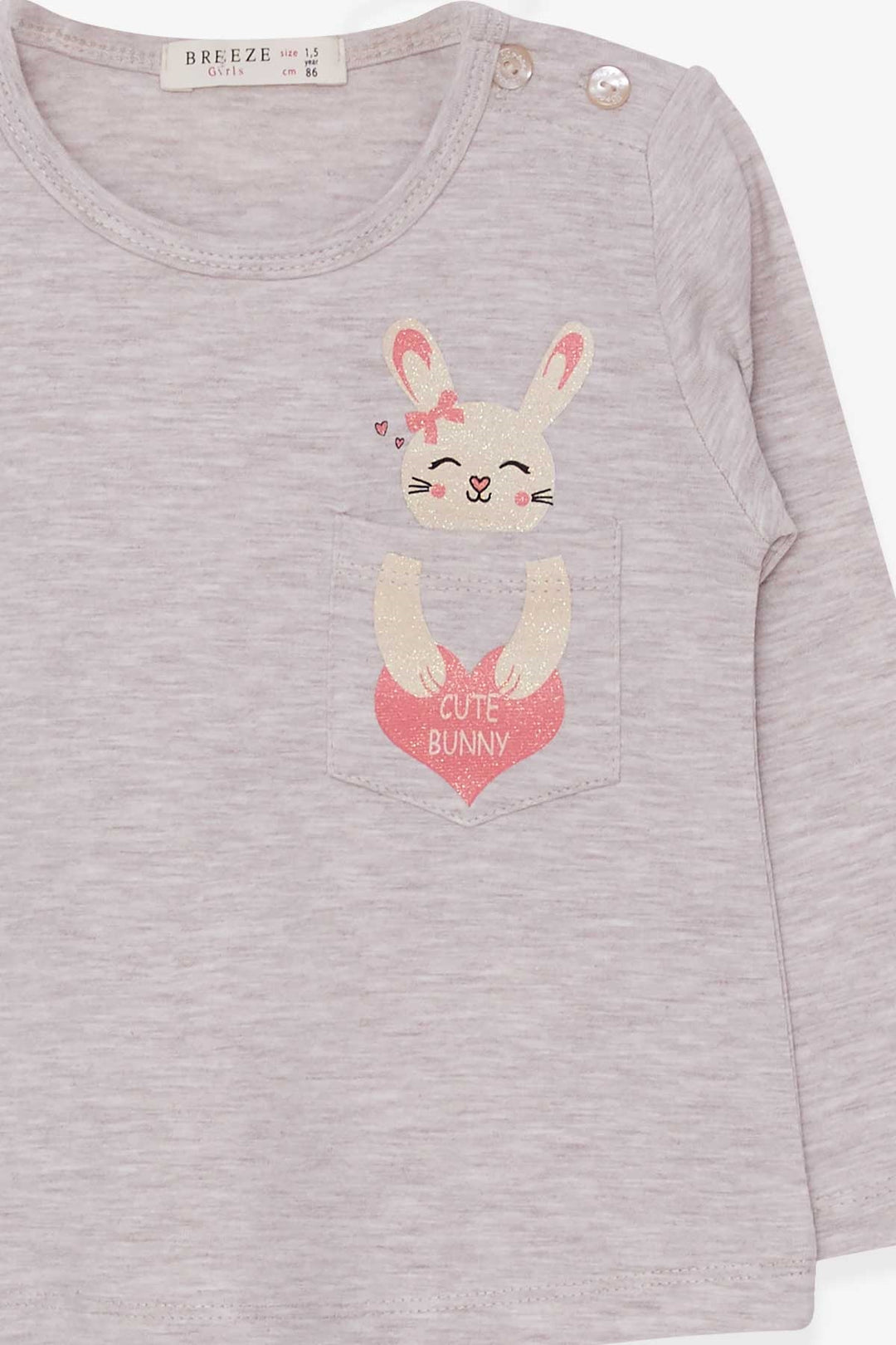 BRE Breeze Girl Child Long Sleeve T-Shirt with Pocket Bunny Printed 1.5-5 Years, Beige Melange - Charlottesville