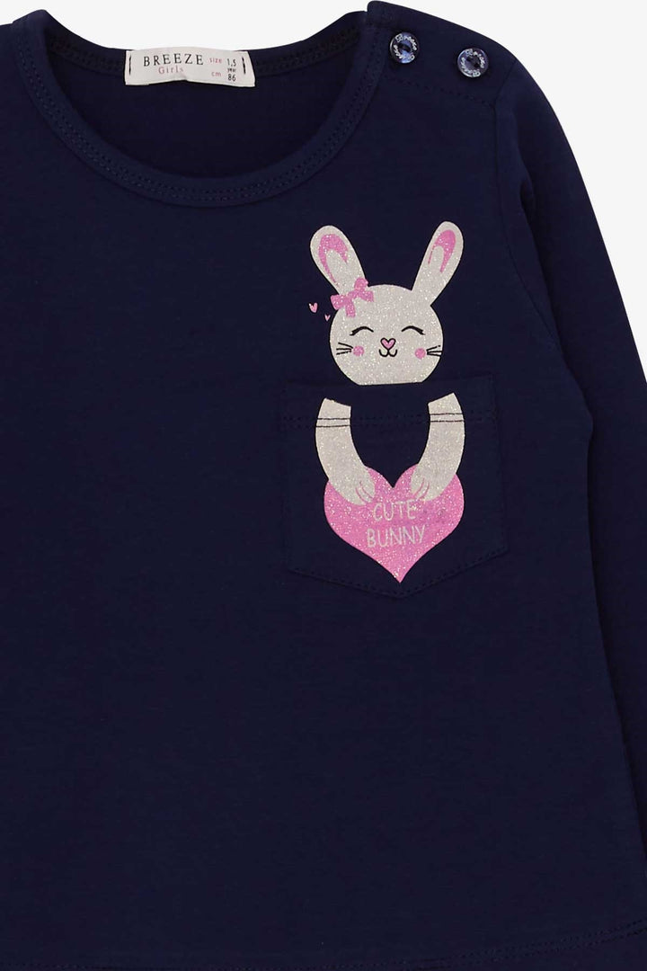 BRE Breeze Girl Child Long Sleeve T-Shirt with Pocket Bunny Printed 1.5-5 Years, Navy Blue - Tournai