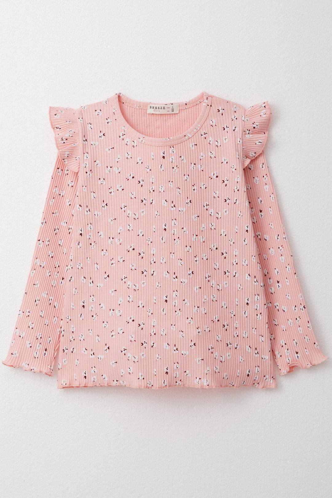 BRE Breeze Girl Child Long Sleeve T-Shirt with Floral Frilly Shoulder 2-6 Years, Salmon - Rioverde