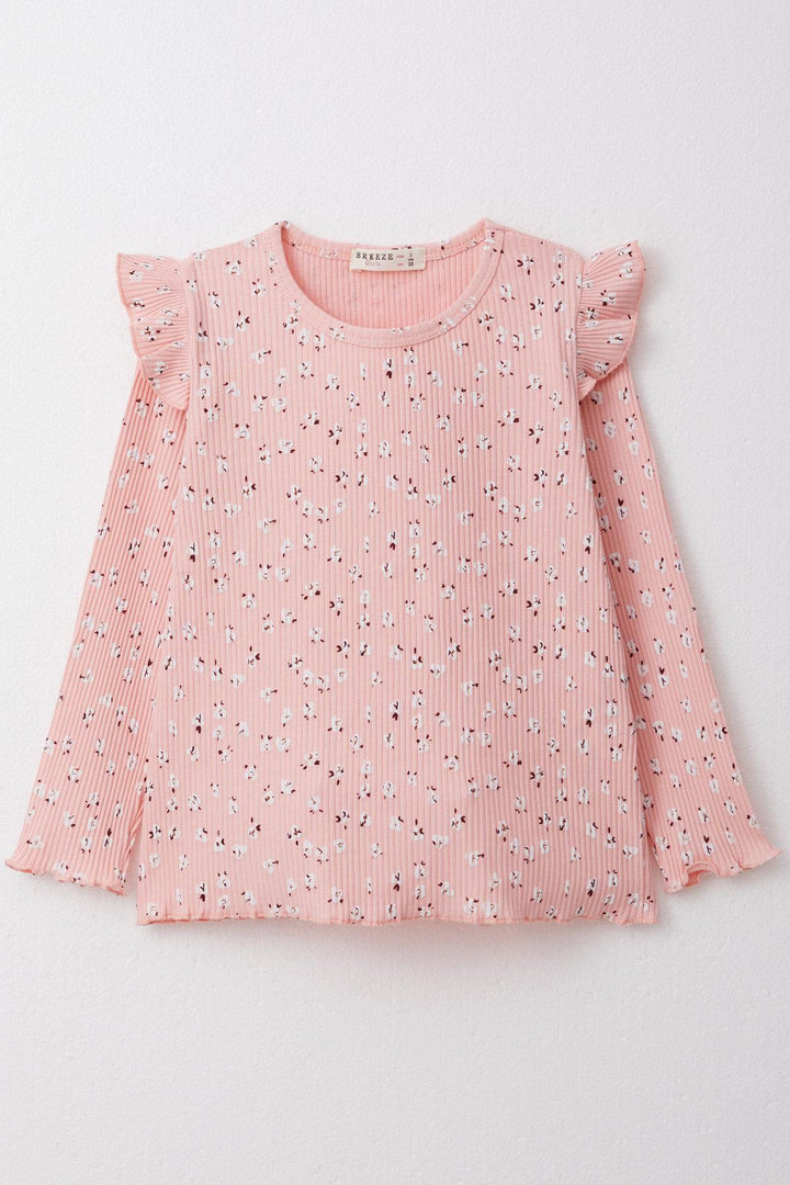BRE Breeze Girl Child Long Sleeve T-Shirt with Floral Frilly Shoulder 2-6 Years, Salmon - Rioverde