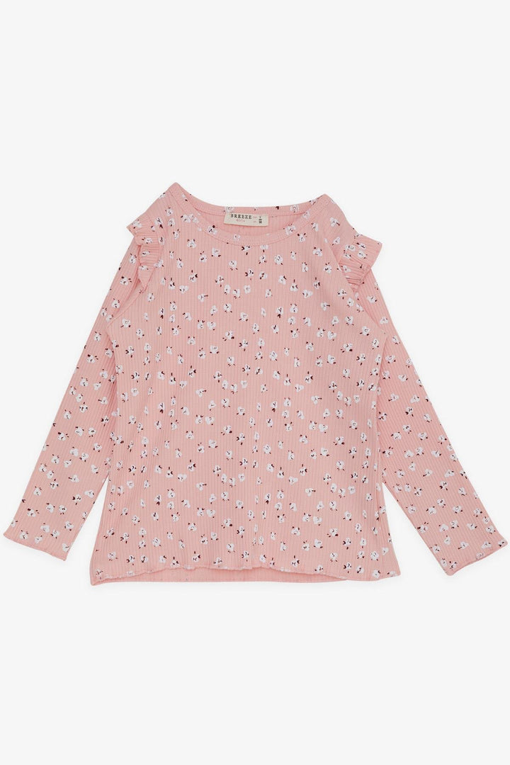 BRE Breeze Girl Child Long Sleeve T-Shirt with Flower Pattern Ruffled Shoulders 2-6 Years, Salmon - Tucker