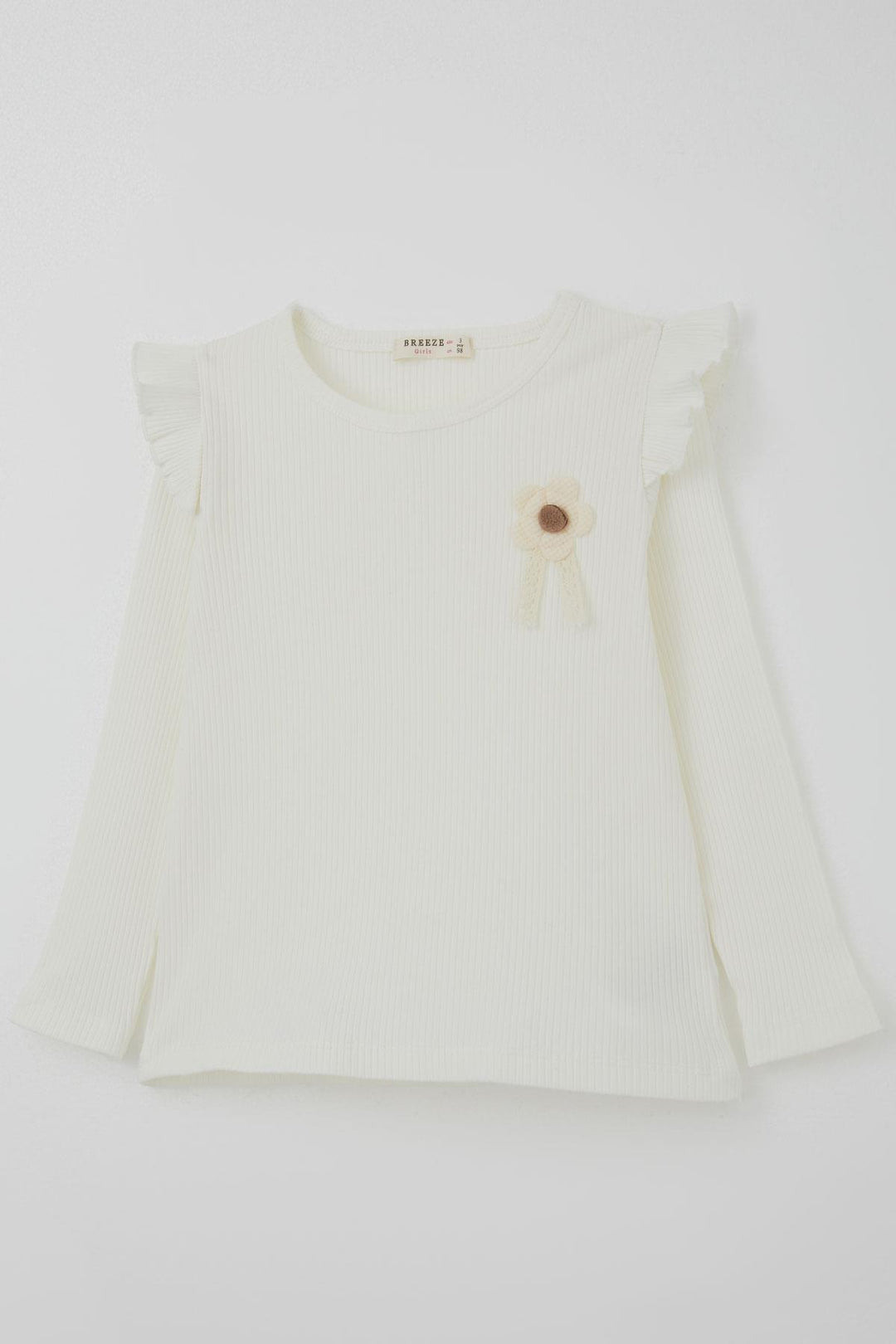 BRE Breeze Girl Child Long Sleeve T-Shirt with Flower Patch Detail Ruffled Shoulder 2-6 Years, Ecru - Danville