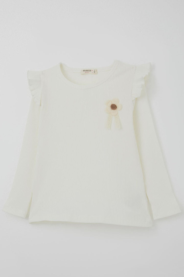 BRE Breeze Girl Child Long Sleeve T-Shirt with Flower Patch Detail Ruffled Shoulder 2-6 Years, Ecru - Danville