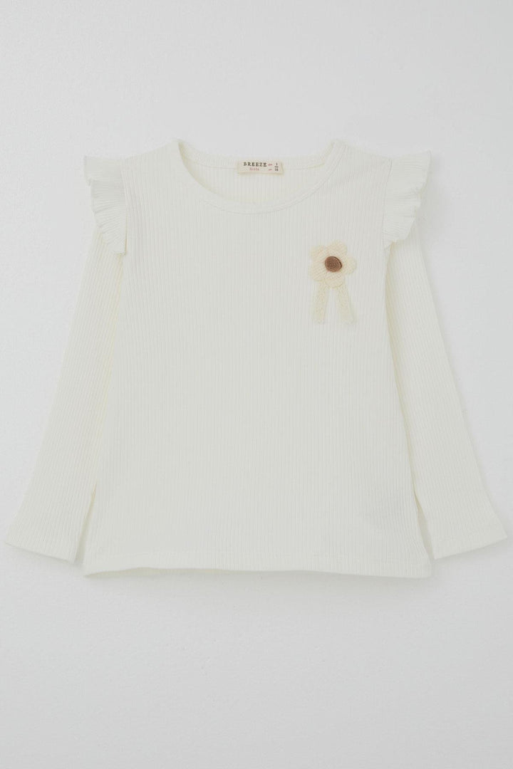 BRE Breeze Girl Child Long Sleeve T-Shirt with Flower Patch Detail Ruffled Shoulder 2-6 Years, Ecru - Danville