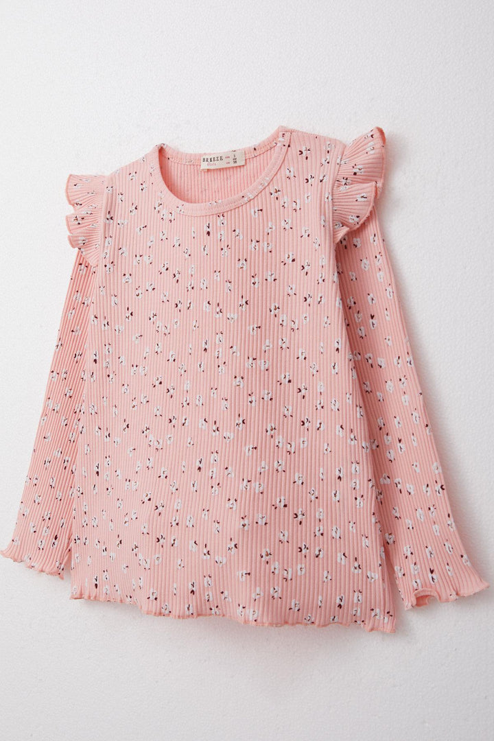 BRE Breeze Girl Child Long Sleeve T-Shirt with Floral Frilly Shoulder 2-6 Years, Salmon - Rioverde