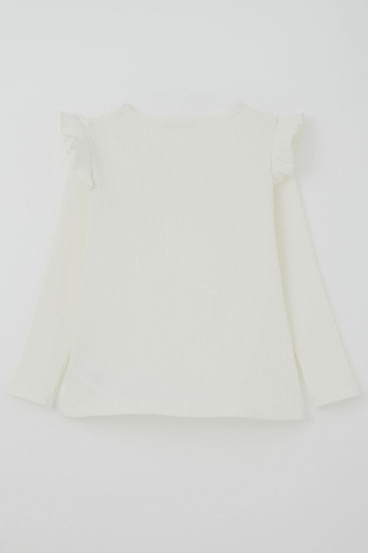 BRE Breeze Girl Child Long Sleeve T-Shirt with Flower Patch Detail Ruffled Shoulder 2-6 Years, Ecru - Danville