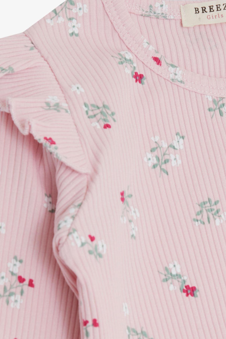 BRE Breeze Girl Child Long Sleeve T-Shirt with Floral Frilly Shoulder 2-6 Years, Pink - Lincoln
