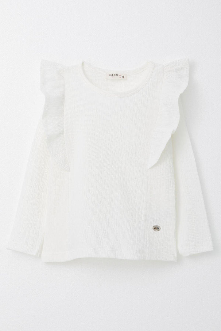 BRE Breeze Girl Child Long Sleeve T-Shirt with Frills and Armalı, 3-7 Years, White - Newport