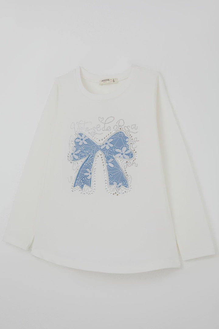 BRE Breeze Girl Child Long Sleeve T-Shirt with Bow Print Stone Accessory Detailed 82 Years, White - Pirna