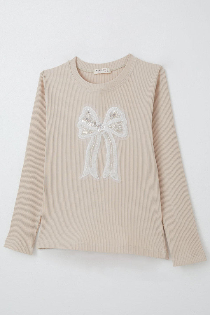 BRE Breeze Girl Child Long Sleeve T-Shirt Bow Tulle Embroidered Beaded 94 Years, Beige - Doral