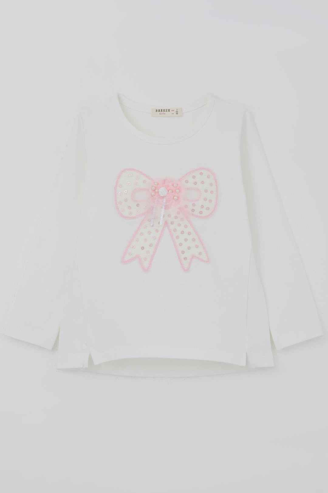 BRE Breeze Girl Child Long Sleeve T-Shirt with Bow Arm Pearl Detailed Tulle 3-8 Years, Ecru - Moncada
