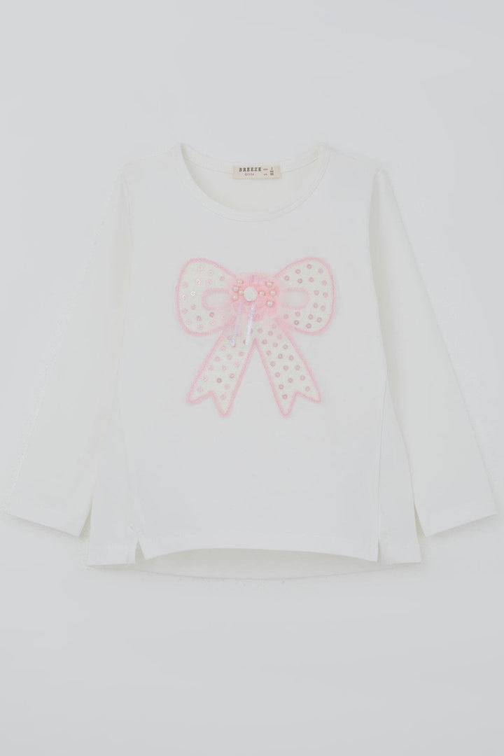BRE Breeze Girl Child Long Sleeve T-Shirt with Bow Arm Pearl Detailed Tulle 3-8 Years, Ecru - Moncada